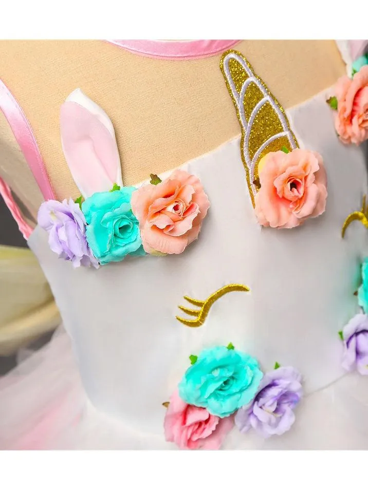 2 Kinds Flower Trim Unicorn Layered Princess Party Dress