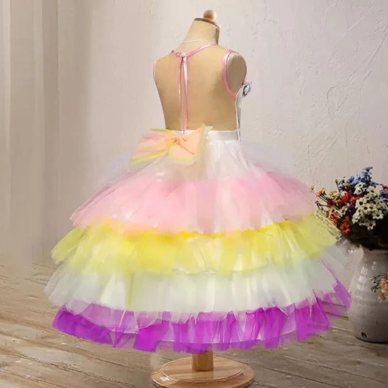2 Kinds Flower Trim Unicorn Layered Princess Party Dress