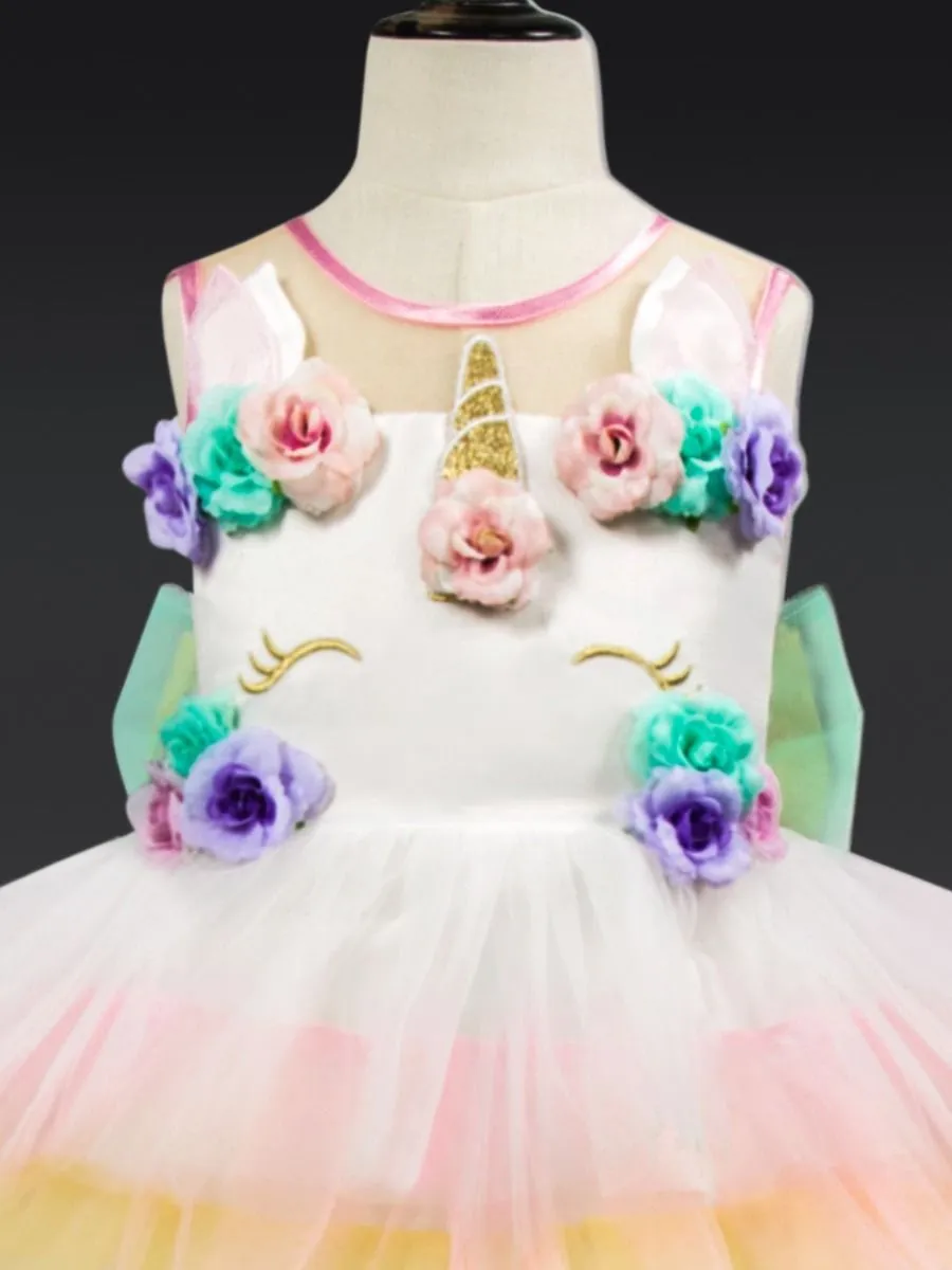 2 Kinds Flower Trim Unicorn Layered Princess Party Dress