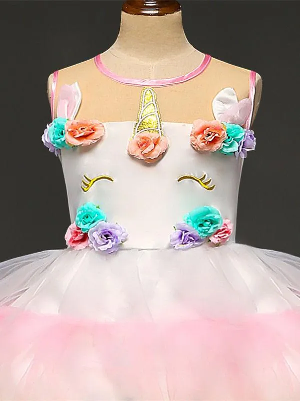 2 Kinds Flower Trim Unicorn Layered Princess Party Dress