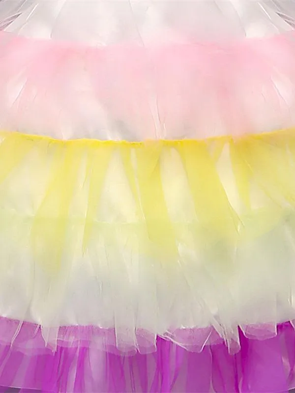 2 Kinds Flower Trim Unicorn Layered Princess Party Dress