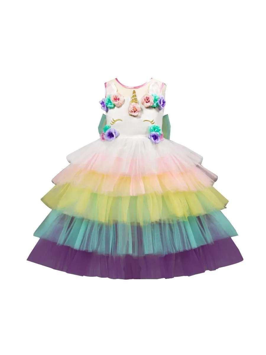 2 Kinds Flower Trim Unicorn Layered Princess Party Dress