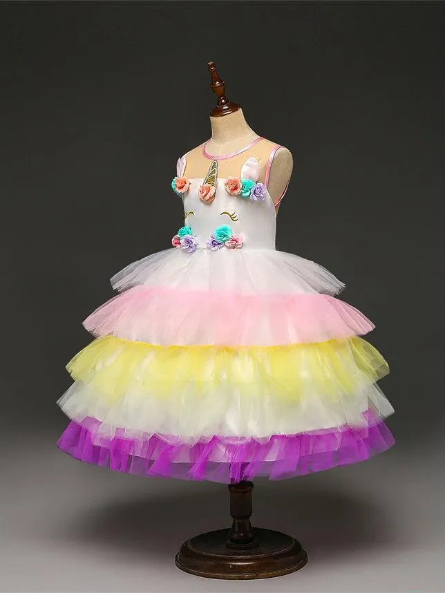 2 Kinds Flower Trim Unicorn Layered Princess Party Dress