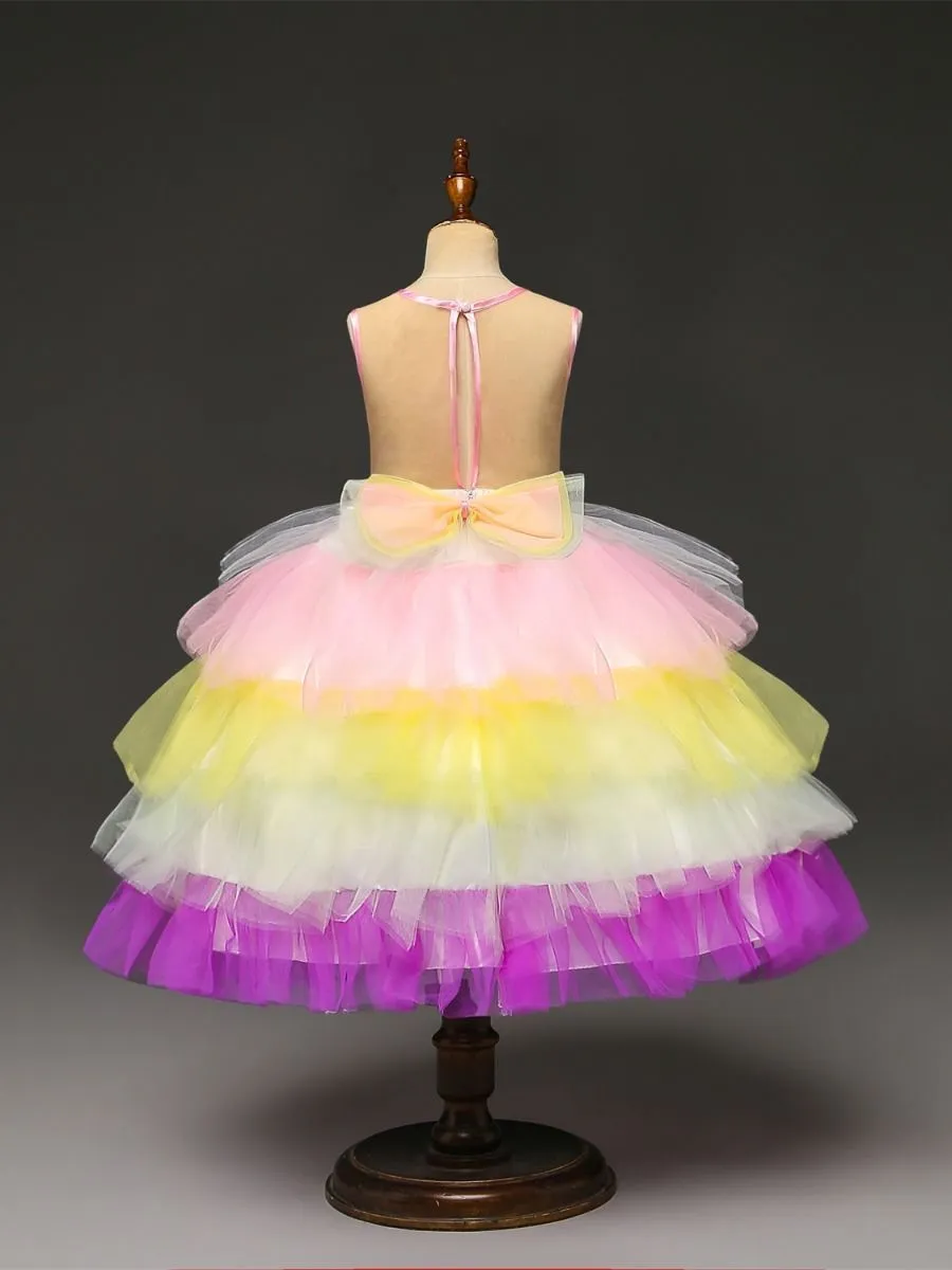 2 Kinds Flower Trim Unicorn Layered Princess Party Dress