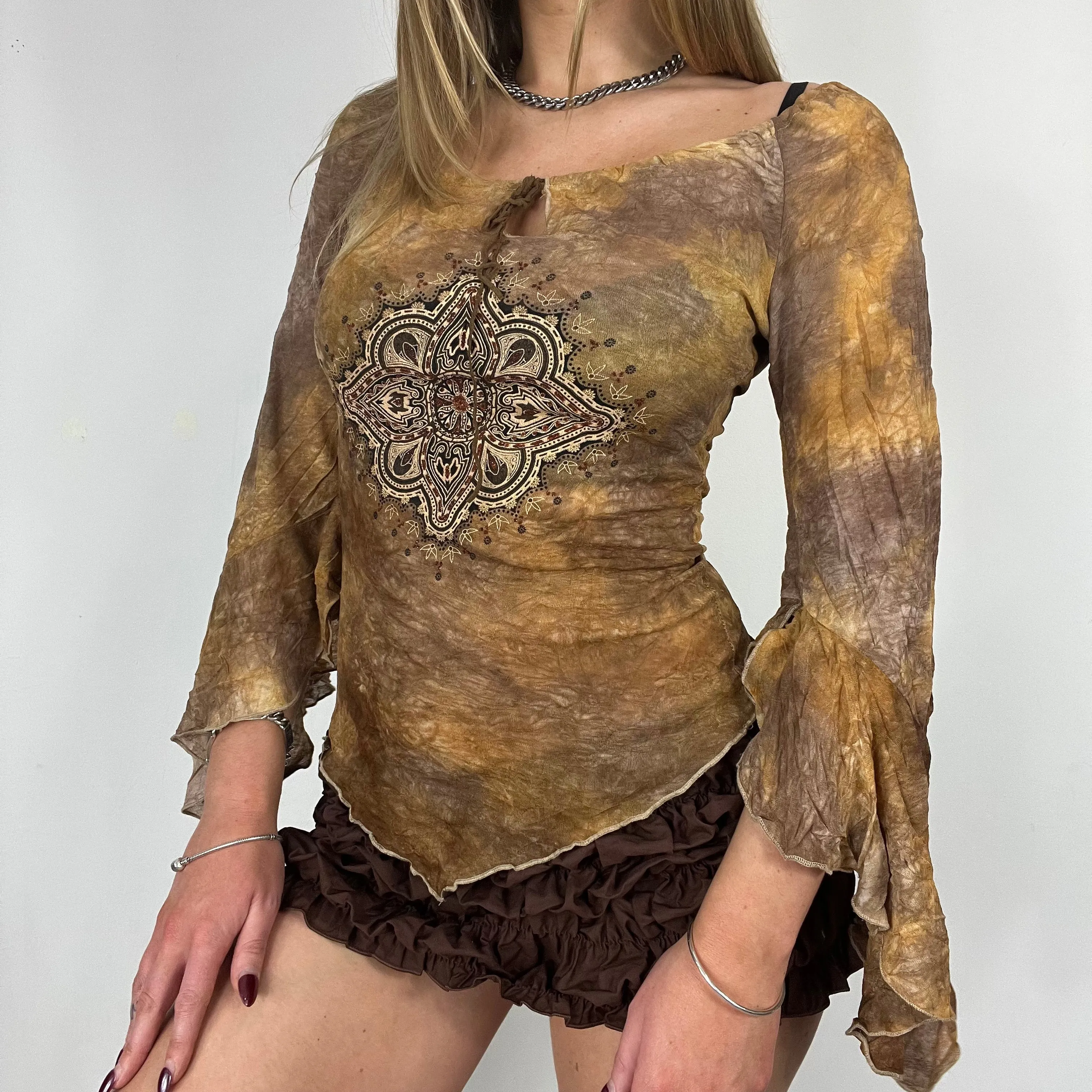 70s style tie dye flare sleeve asymmetrical - Size S