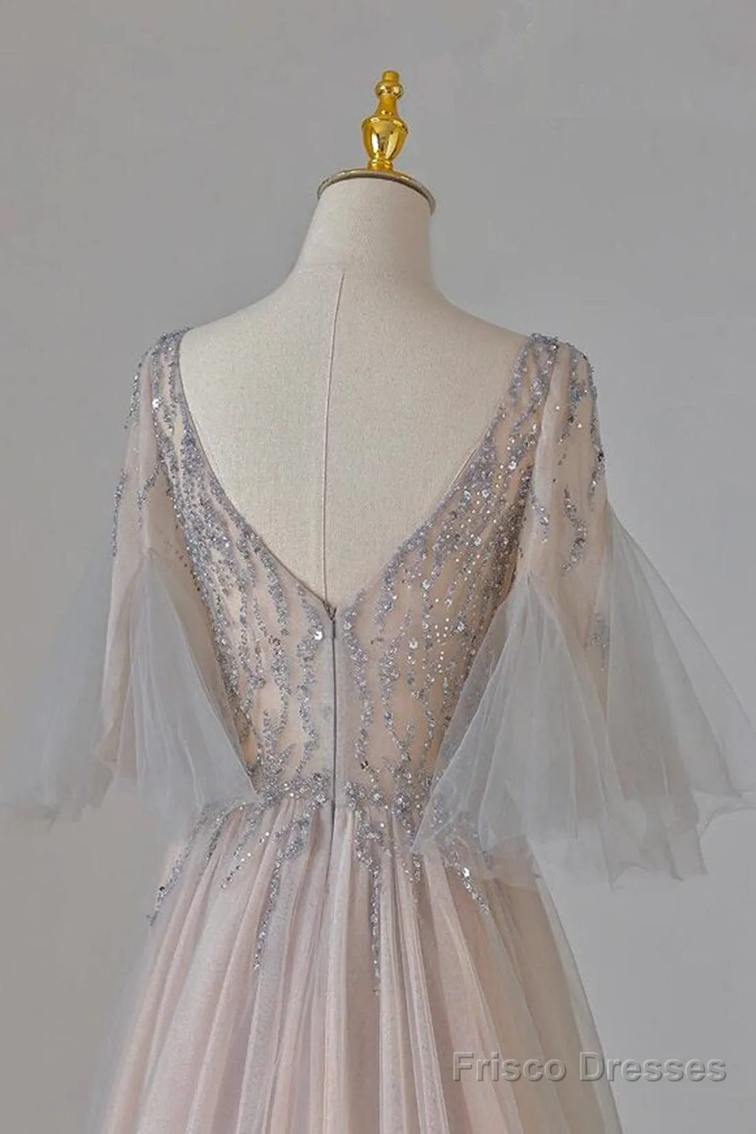 A-Line Beaded V-Neckline Tulle Formal Dress, Puffy Sleeves Long Prom Dress