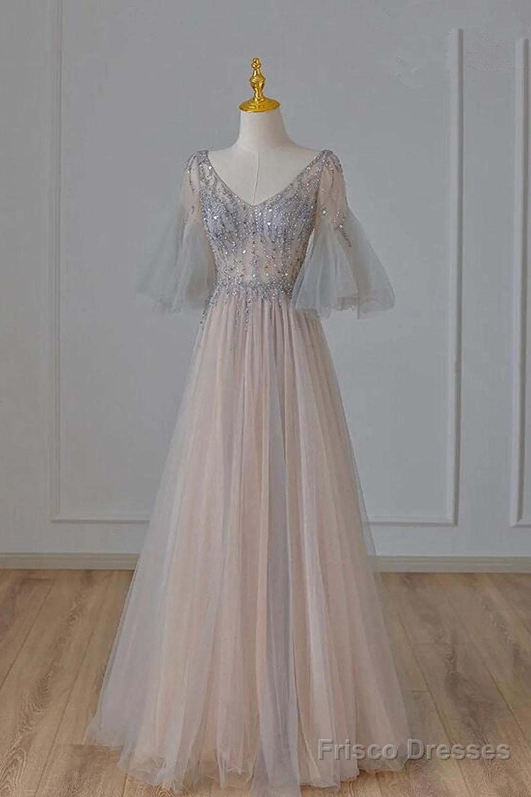 A-Line Beaded V-Neckline Tulle Formal Dress, Puffy Sleeves Long Prom Dress