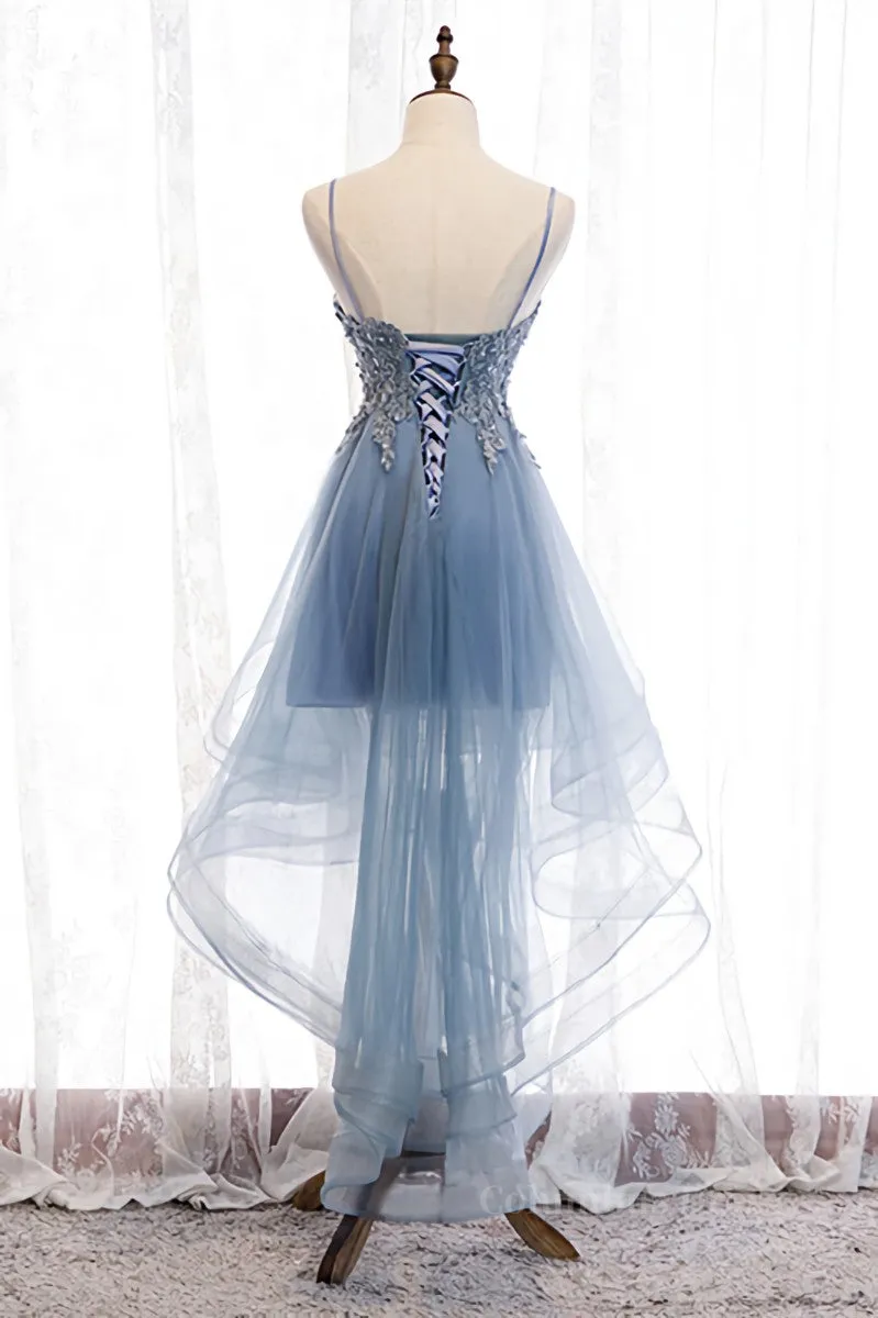 A-line Deep V Neck Beaded Appliques Multi-Layers Hi-Low Formal Dress