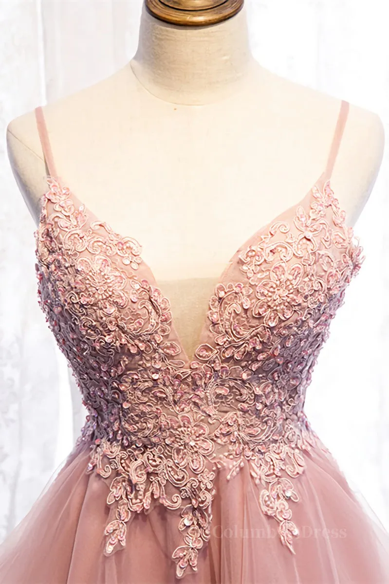A-line Deep V Neck Beaded Appliques Multi-Layers Hi-Low Formal Dress