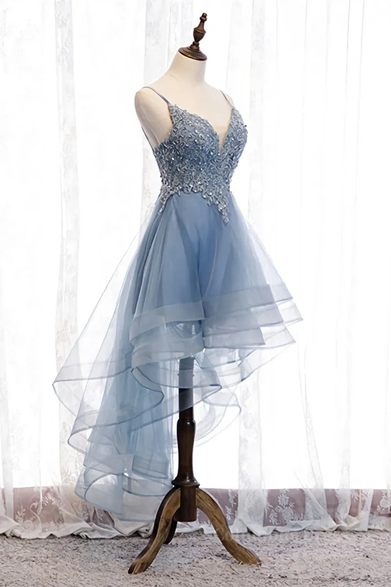 A-line Deep V Neck Beaded Appliques Multi-Layers Hi-Low Formal Dress
