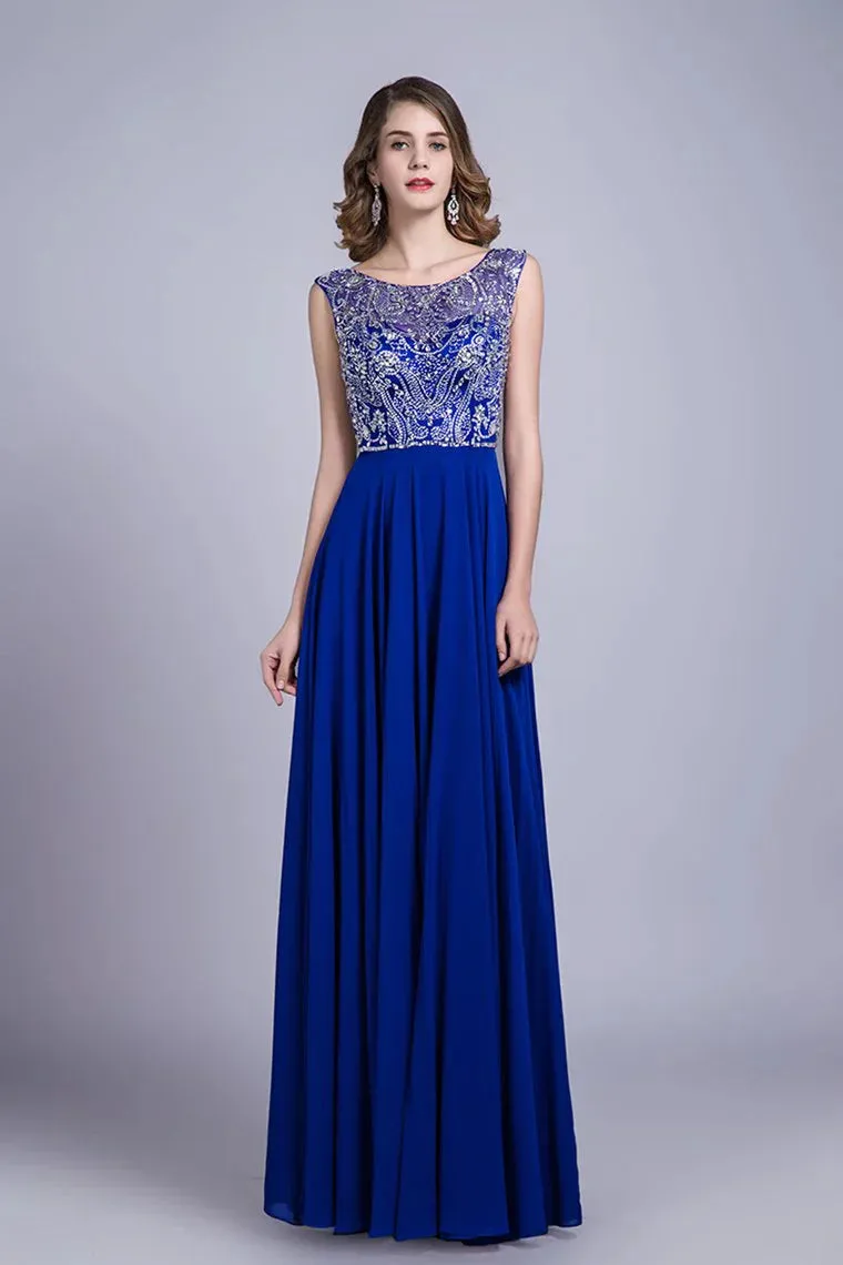 A-Line Formal Dresses Scoop Floor-Length Chiffon Beaded Bodice