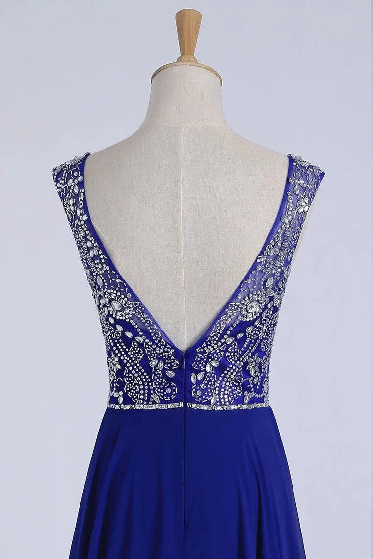 A-Line Formal Dresses Scoop Floor-Length Chiffon Beaded Bodice