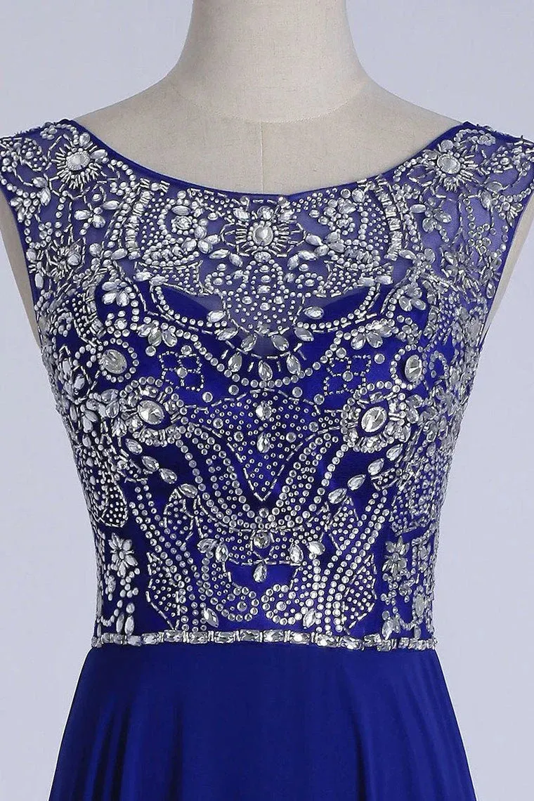 A-Line Formal Dresses Scoop Floor-Length Chiffon Beaded Bodice