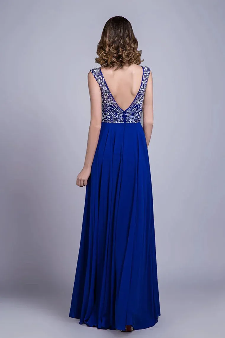 A-Line Formal Dresses Scoop Floor-Length Chiffon Beaded Bodice