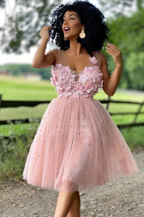 A-Line Graduation Dresses Beaded Tulle Homecoming Dress with Flowers