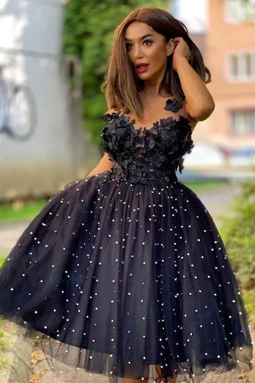 A-Line Graduation Dresses Beaded Tulle Homecoming Dress with Flowers