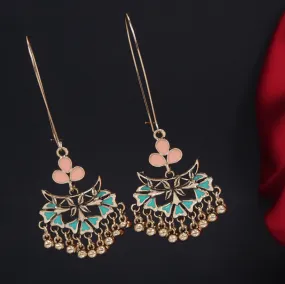 Antique Gold Plated Dual Colour Floral Hook Long Earring