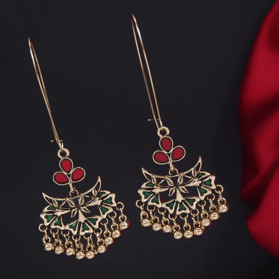 Antique Gold Plated Dual Colour Floral Hook Long Earring