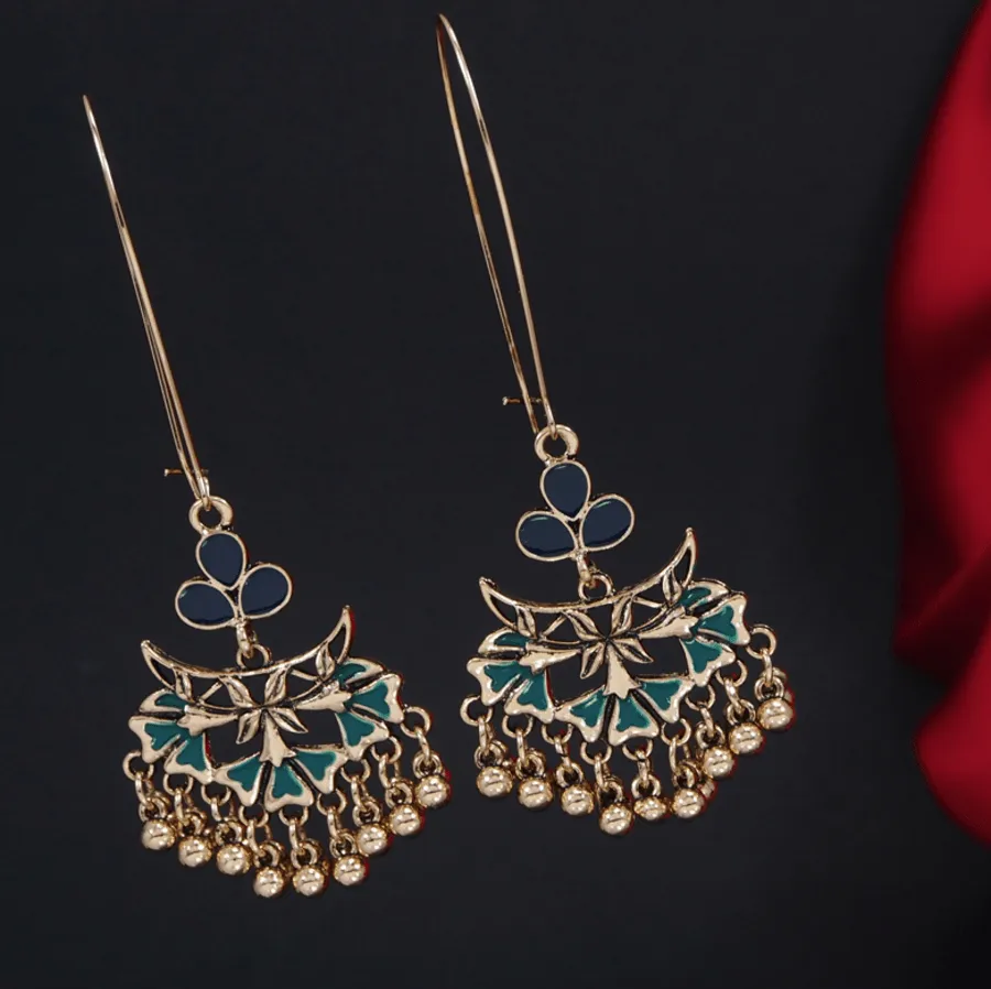 Antique Gold Plated Dual Colour Floral Hook Long Earring