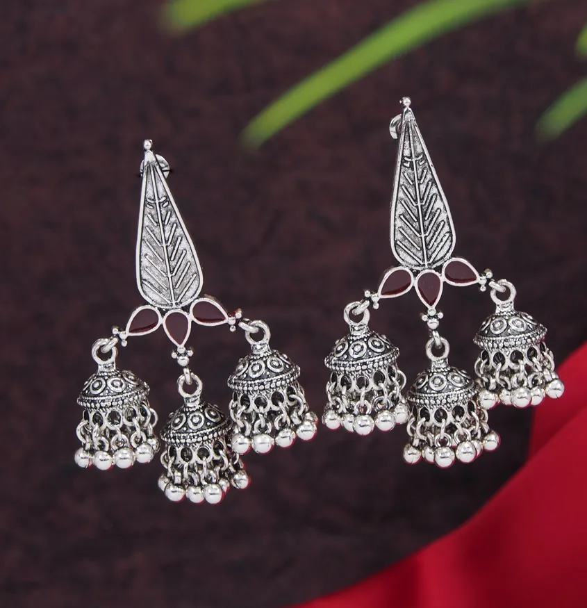 Antique Gold /Silver Plated Enamel Artwork Triple Jhumki Earring