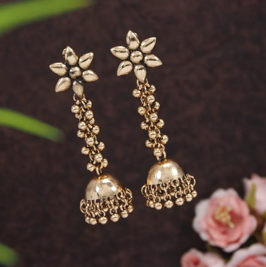 Antique Gold/Silver Plated Floral Design Hanging Beads Long Jhumka Earring