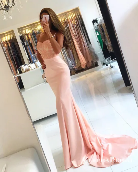 Applique Beaded Long Mermaid Spaghetti Straps Formal Prom Dresses, QB0610