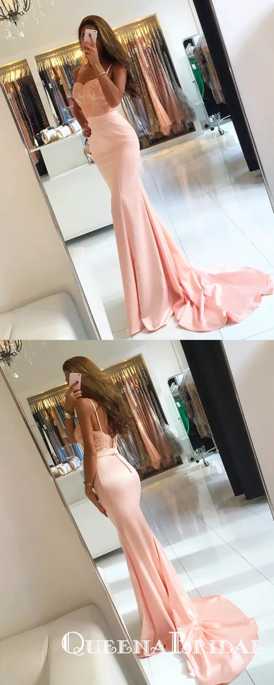 Applique Beaded Long Mermaid Spaghetti Straps Formal Prom Dresses, QB0610
