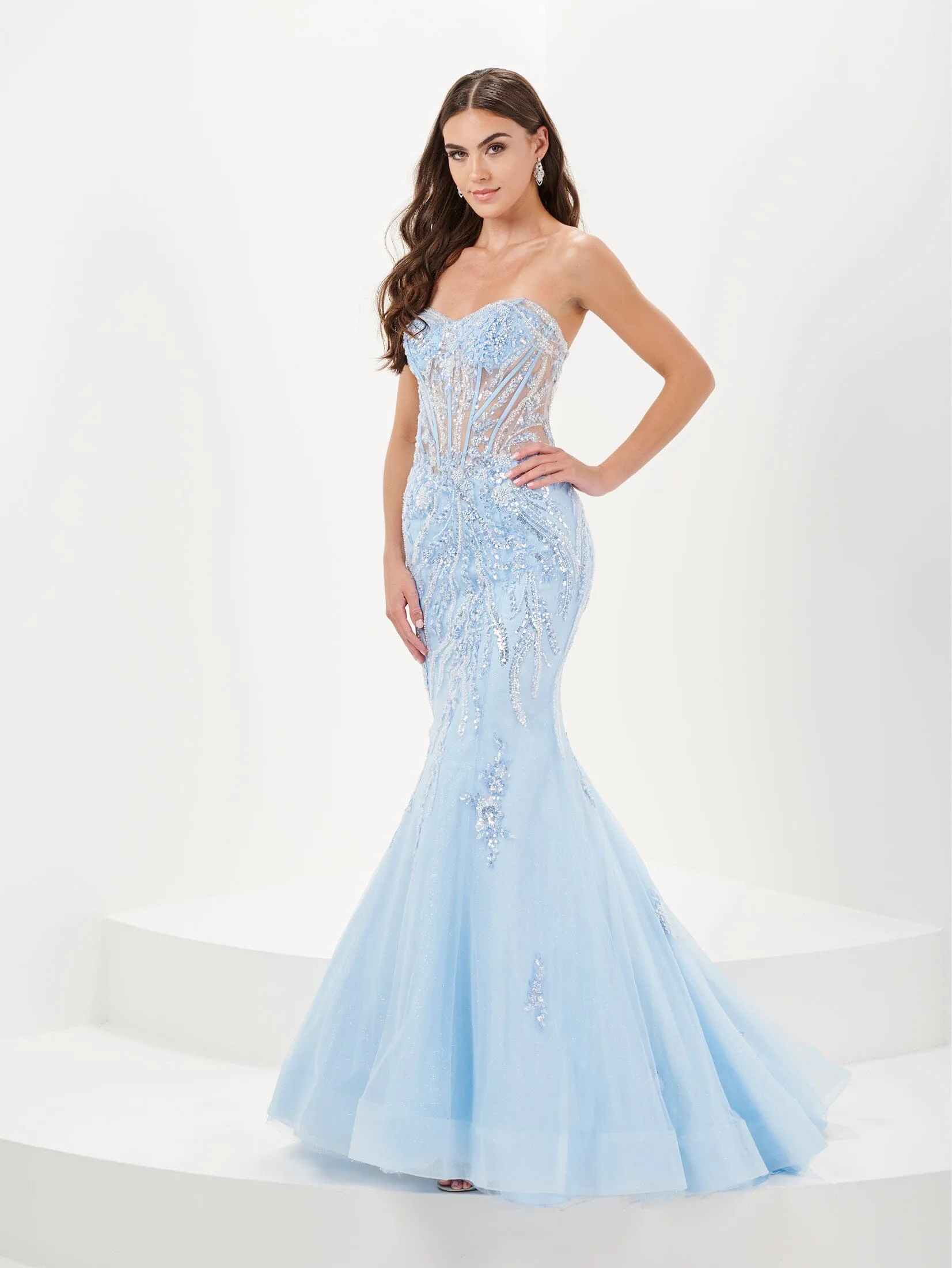 Beaded Sheer Corset Mermaid Dress by Tiffany Designs 16074