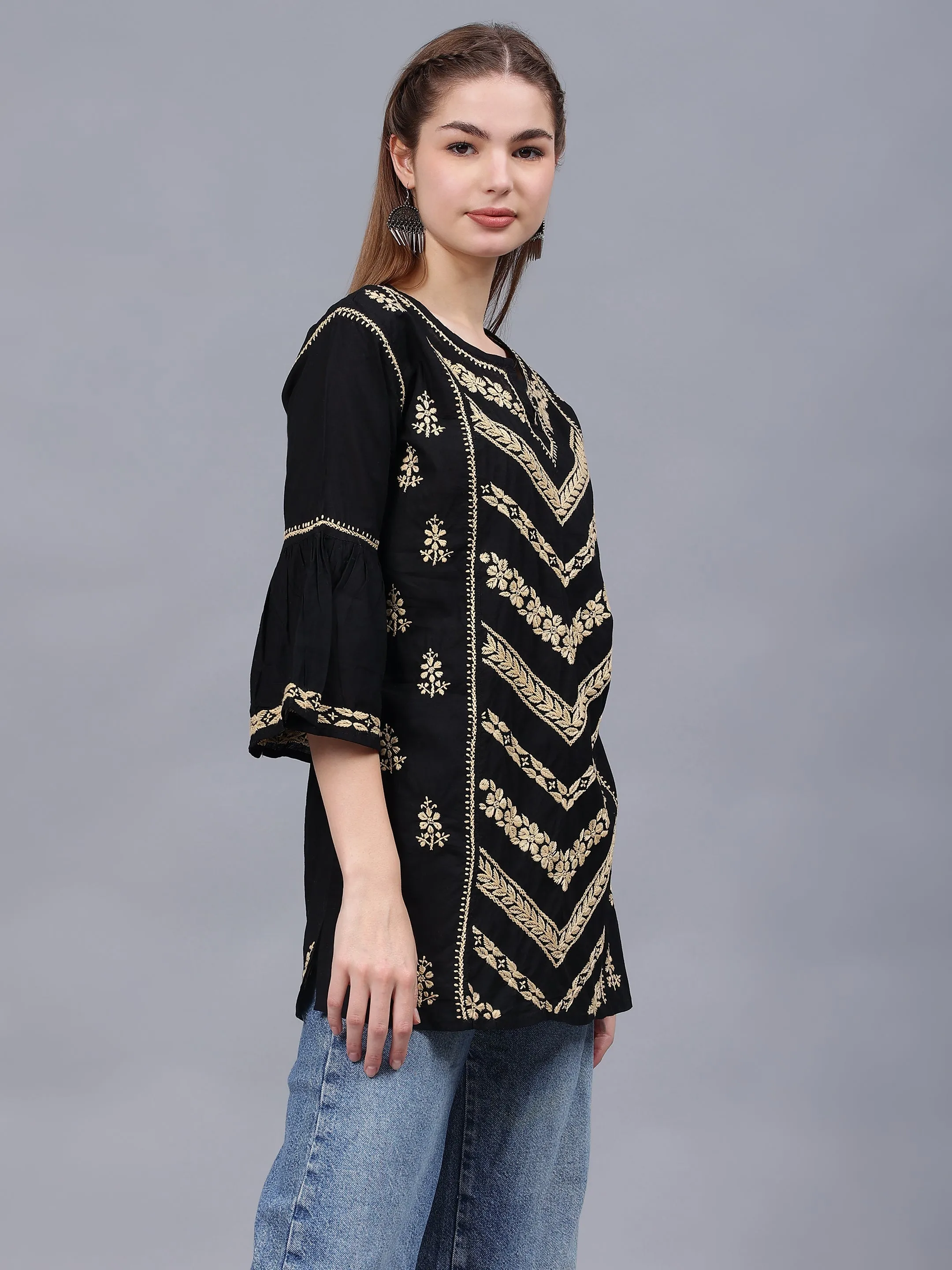 Black & Beige Cotton Embroidered Lucknowi Chikankari Tunic