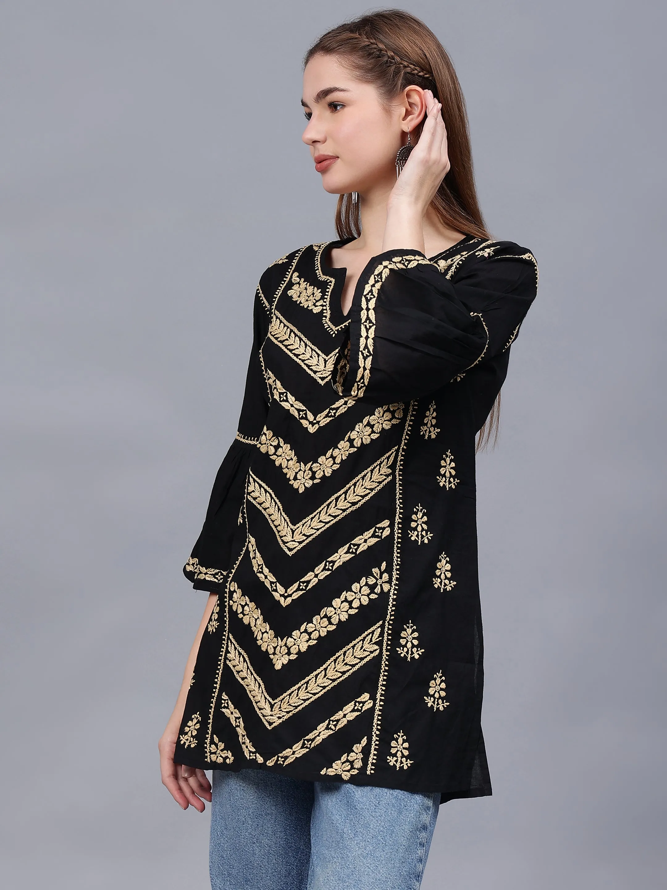 Black & Beige Cotton Embroidered Lucknowi Chikankari Tunic