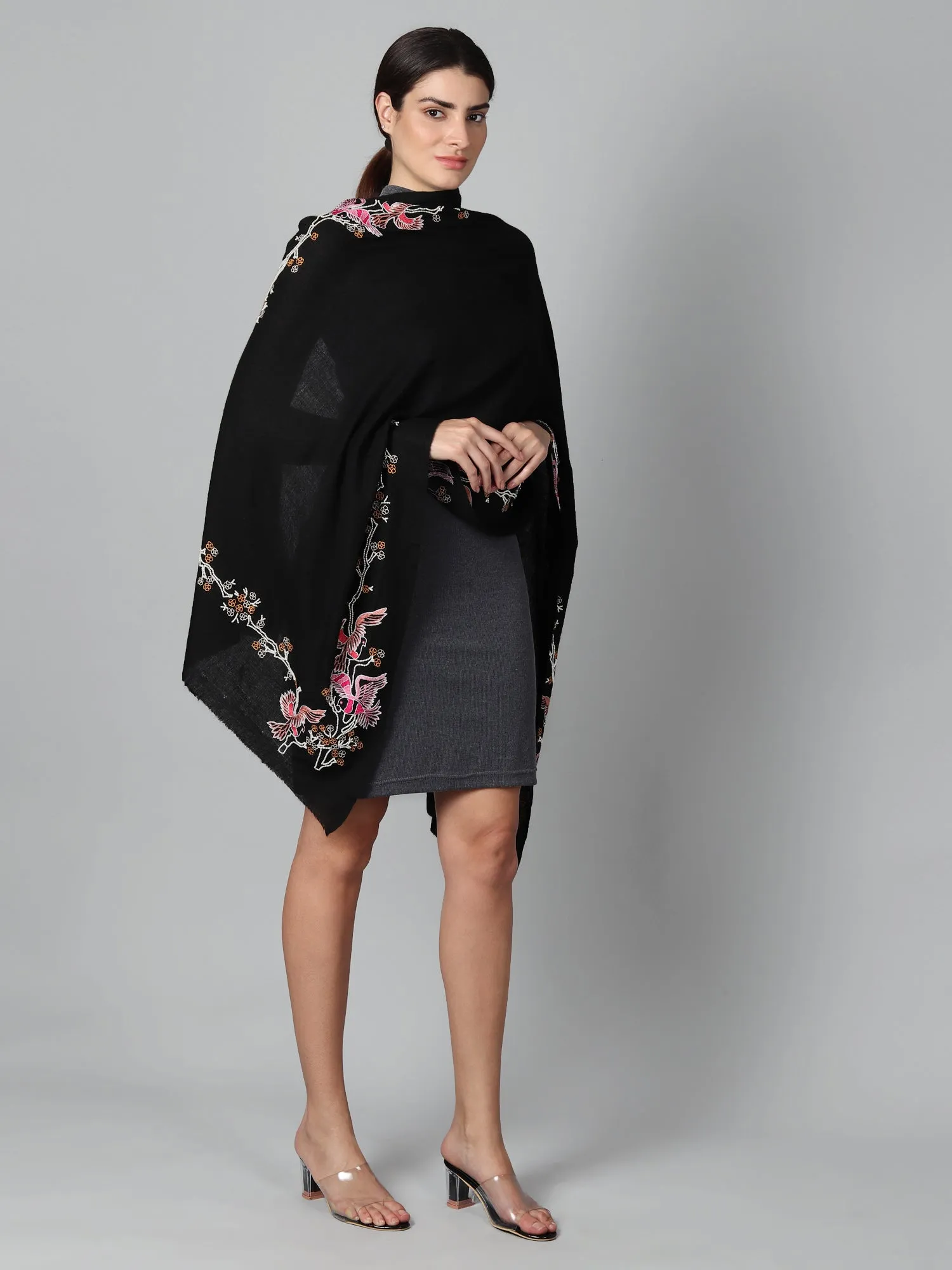 Black Pure Pashmina Shawl with beautiful birds hand embroidery