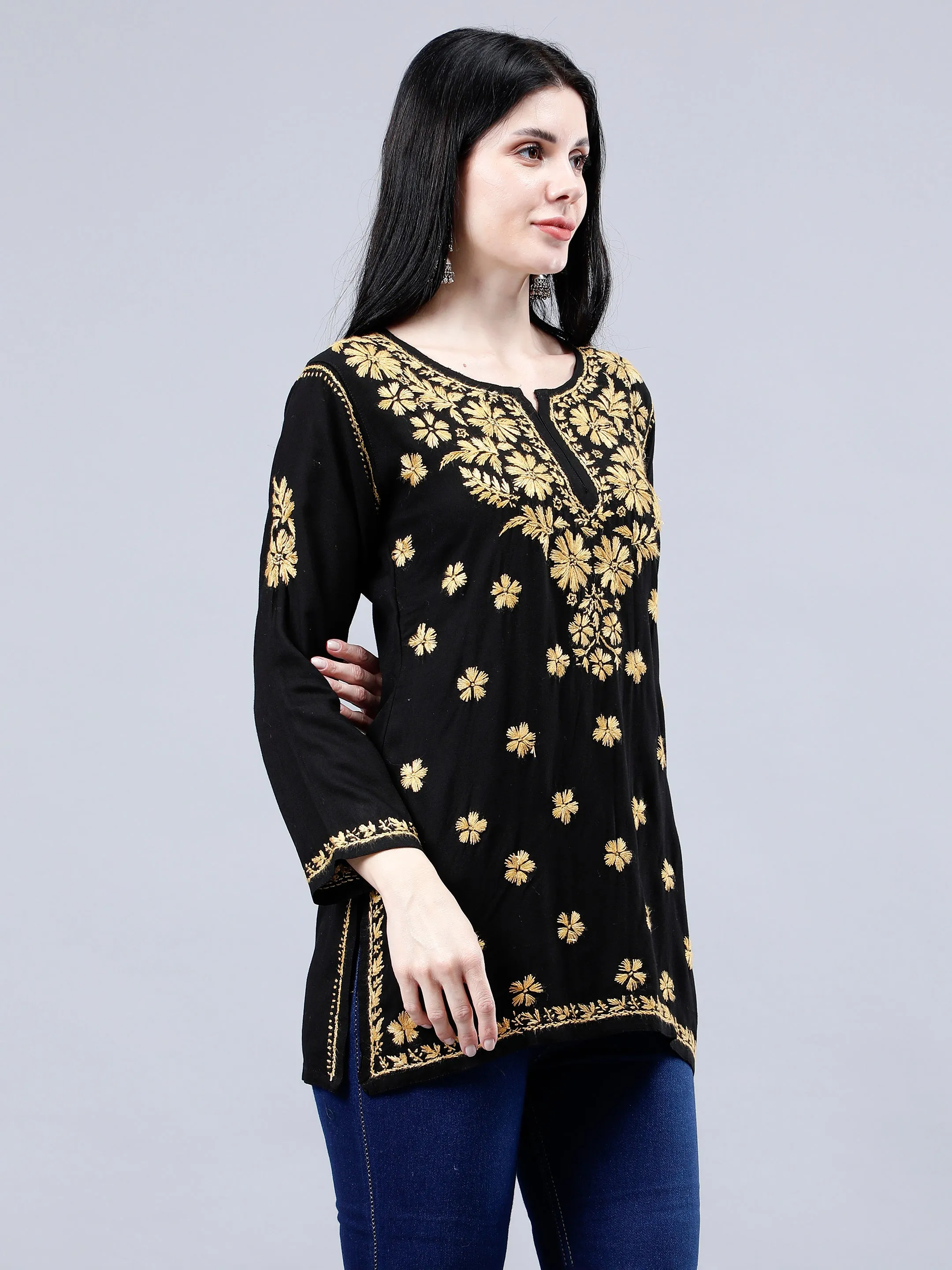 Black Rayon Embroidered Chikankari Short Tunic