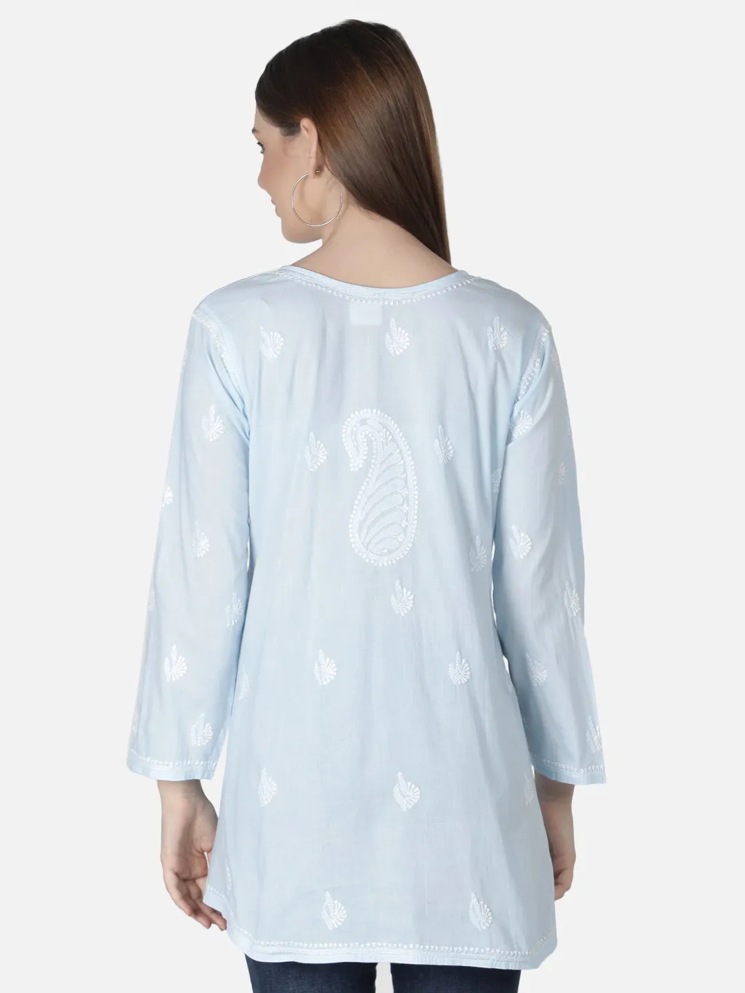 Blue Cotton Lucknowi Chikankari Short Top