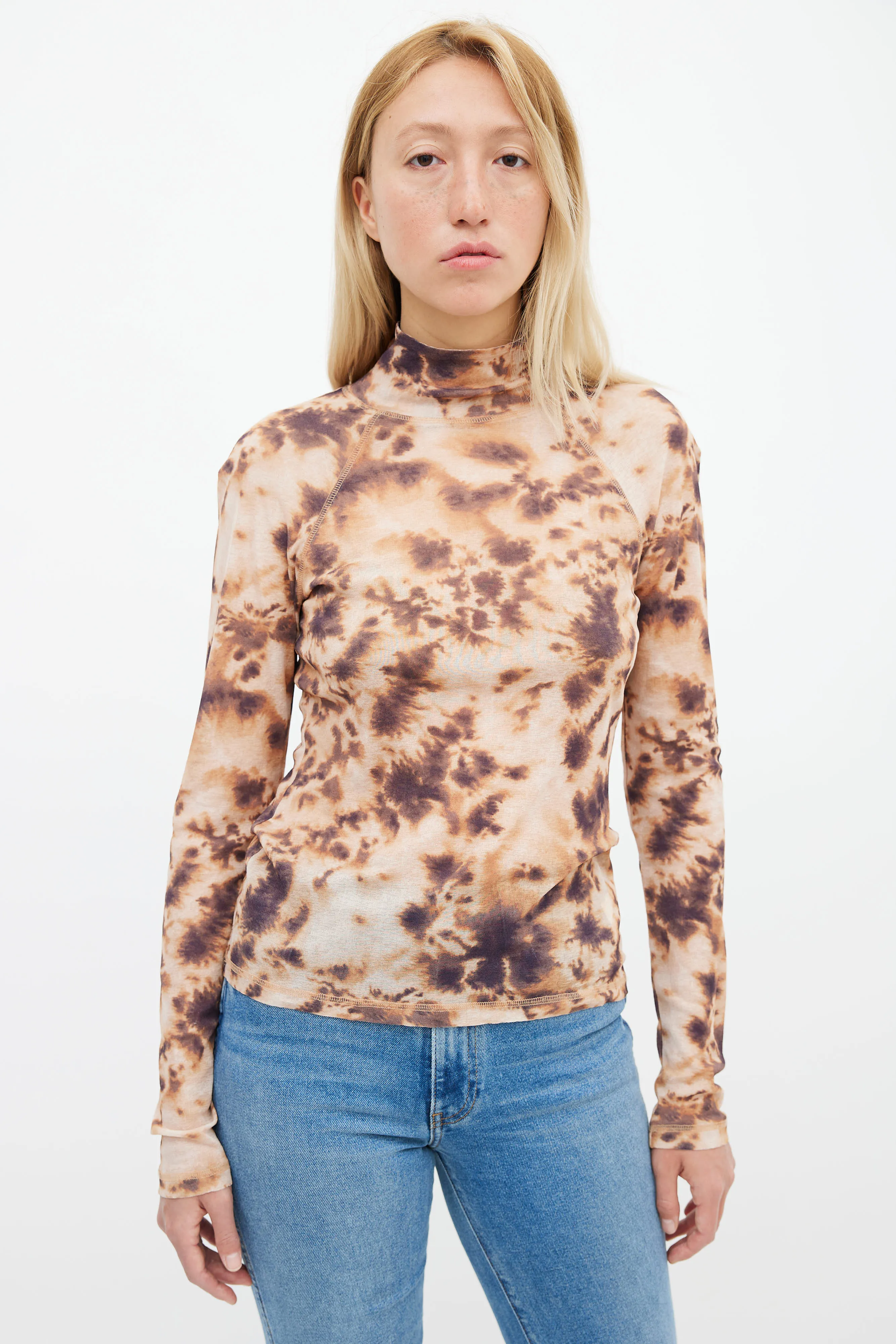 Brown & Purple Tie-dye Mesh Mock-Neck Top
