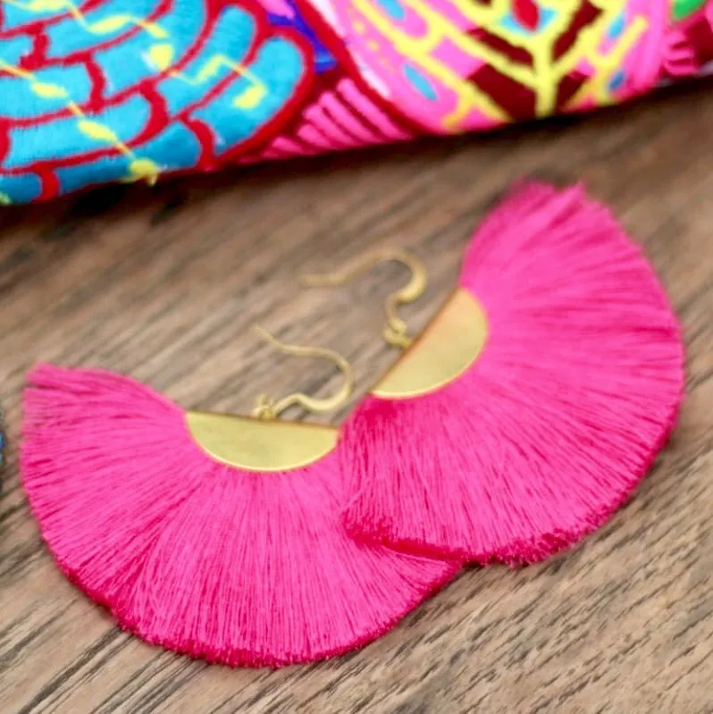 Cassandra Pink Bohemian Half Moon Brass Cotton Earrings