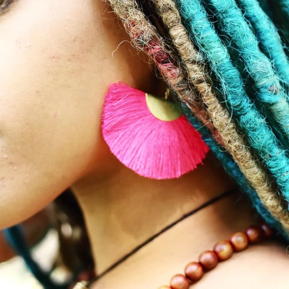 Cassandra Pink Bohemian Half Moon Brass Cotton Earrings