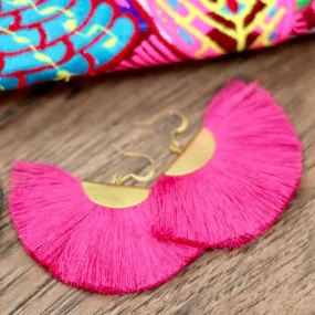 Cassandra Pink Bohemian Half Moon Brass Cotton Earrings