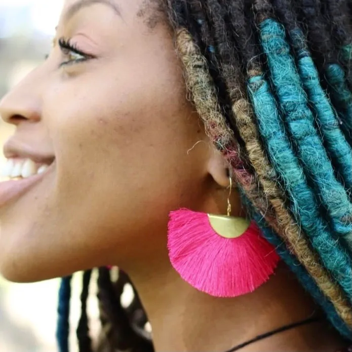Cassandra Pink Bohemian Half Moon Brass Cotton Earrings