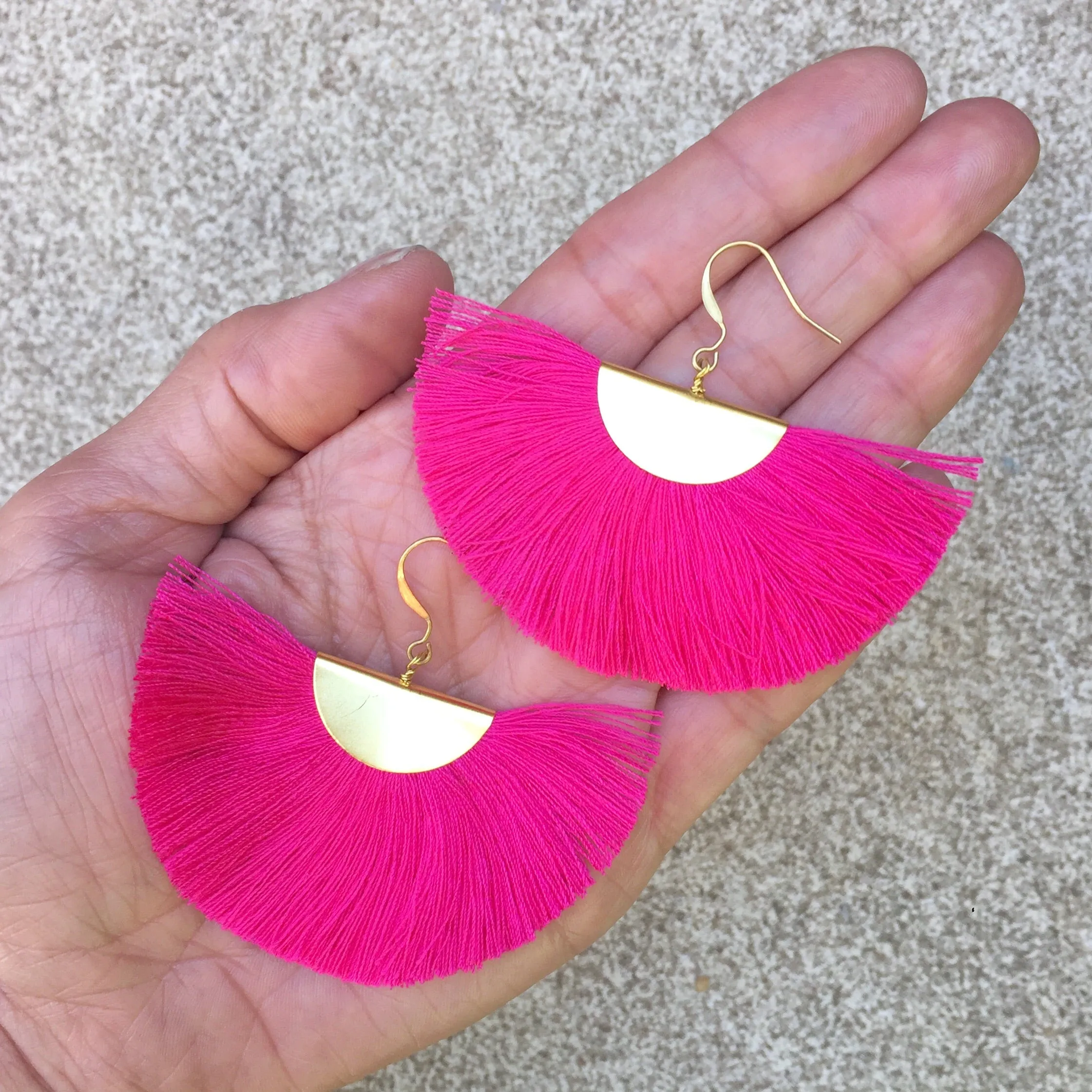 Cassandra Pink Bohemian Half Moon Brass Cotton Earrings