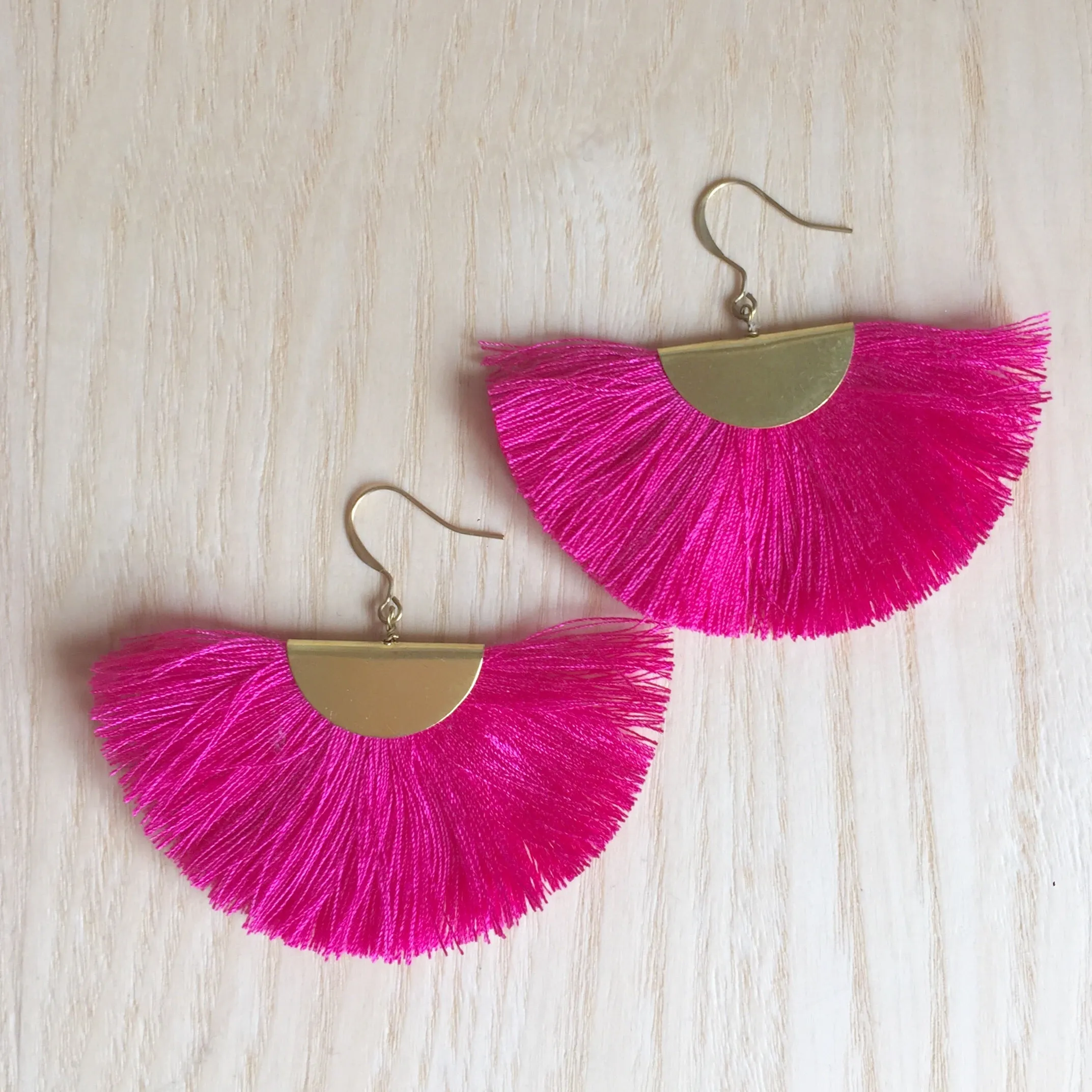 Cassandra Pink Bohemian Half Moon Brass Cotton Earrings
