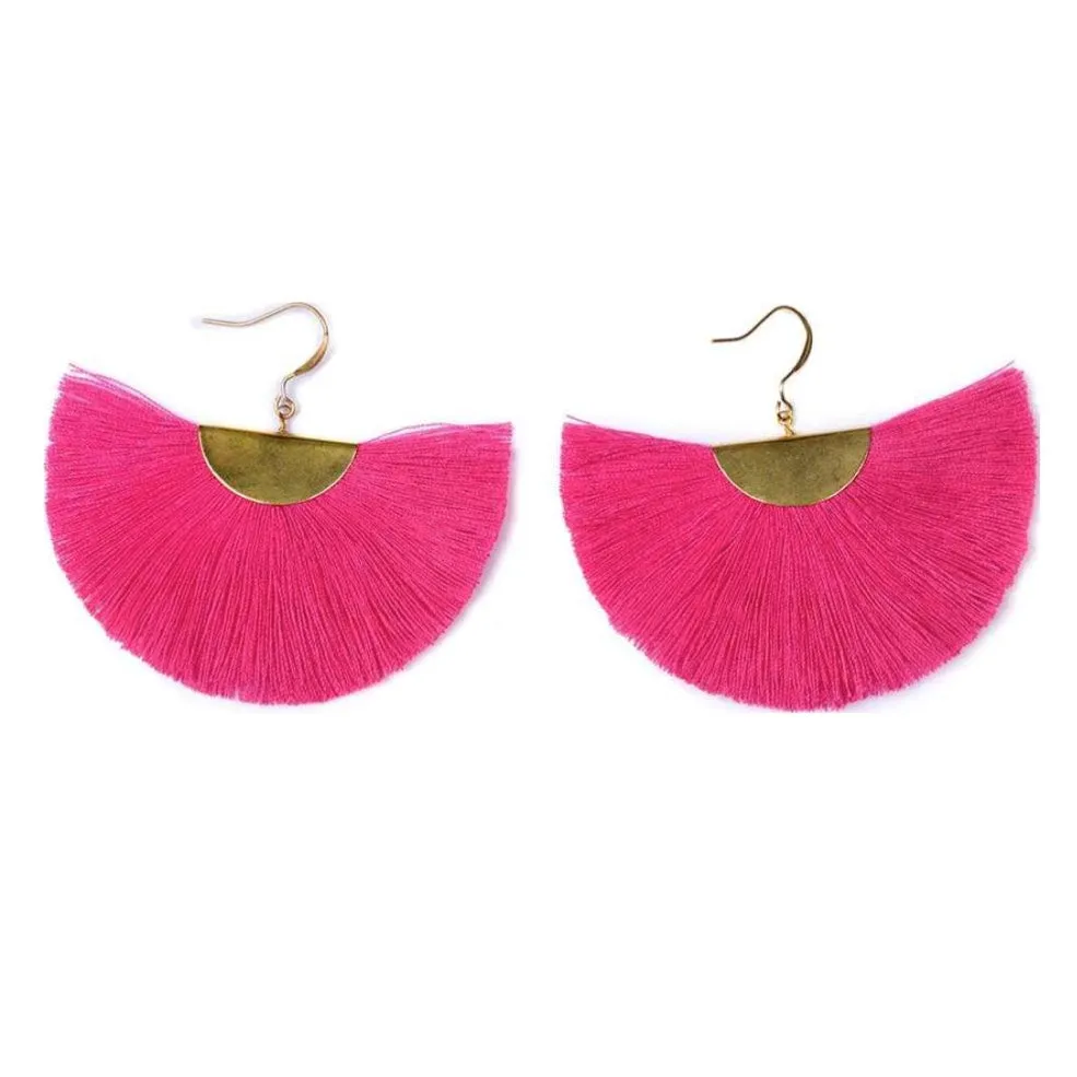 Cassandra Pink Bohemian Half Moon Brass Cotton Earrings