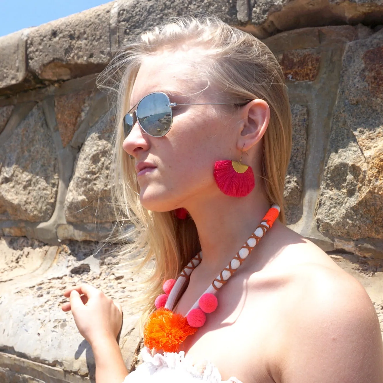 Cassandra Pink Bohemian Half Moon Brass Cotton Earrings