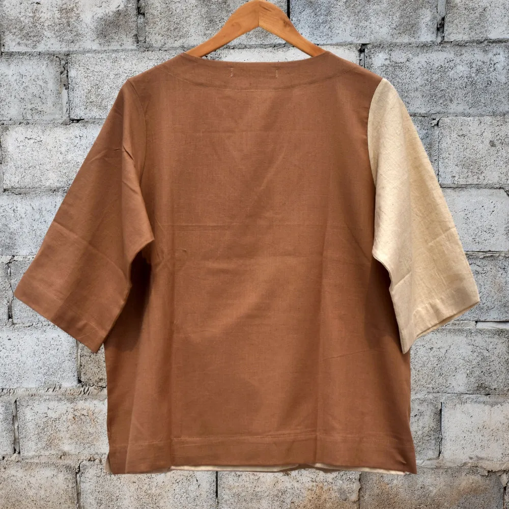 Contemporary Patchwork Wrap Jacket | Criss Cross Neck | Golden Yellow & Brown