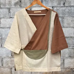 Contemporary Patchwork Wrap Jacket | Criss Cross Neck | Golden Yellow & Brown