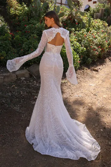 Elegant Beaded Satin Fitted Strapless Slit Gown Wedding Dresses