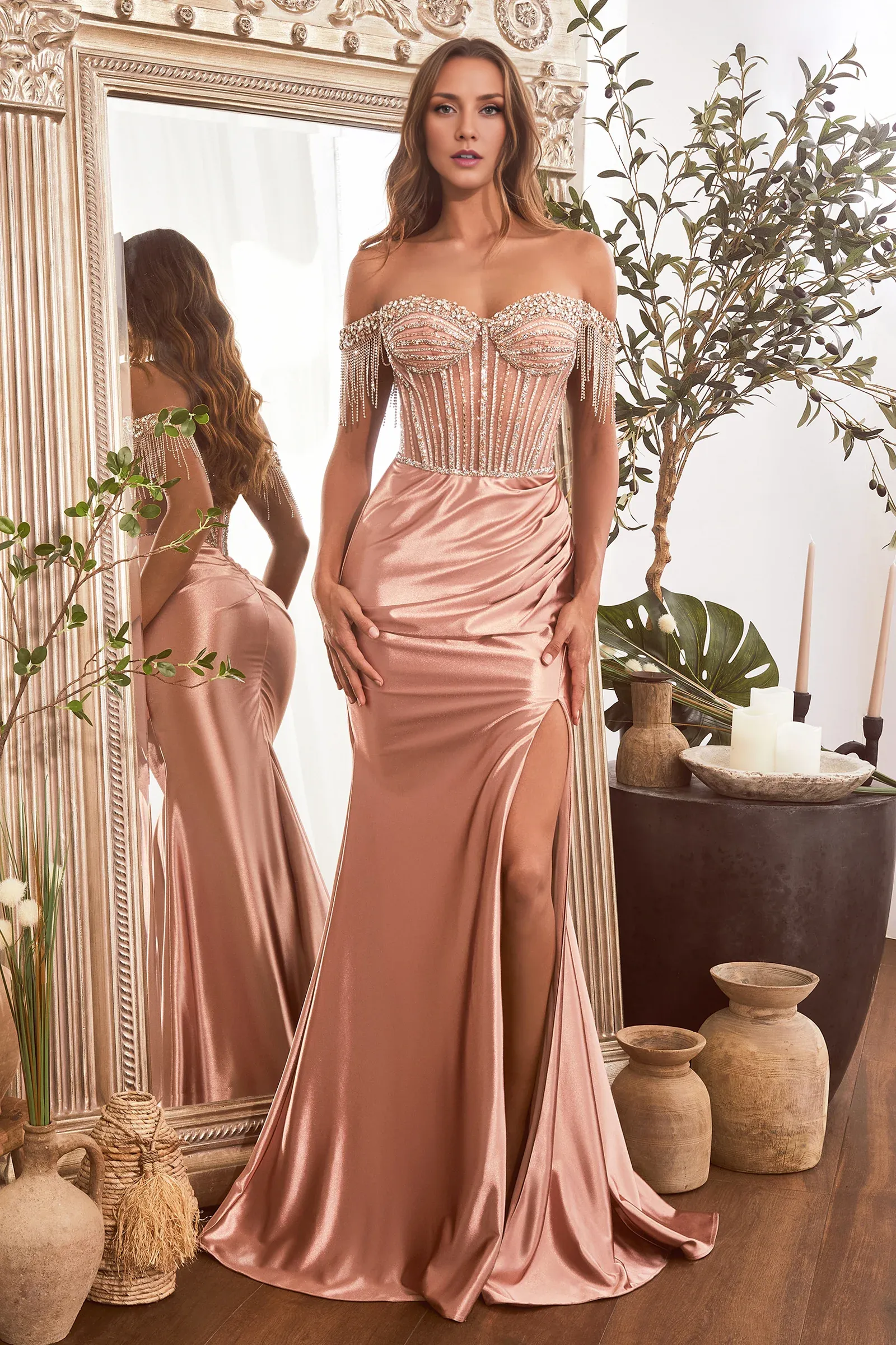 Fashion Evening Dress Beaded Off Shoulder Satin Slit Gown Prom Dresses