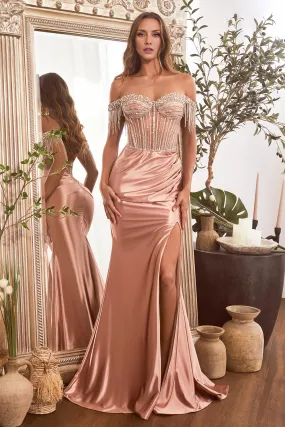Fashion Evening Dress Beaded Off Shoulder Satin Slit Gown Prom Dresses