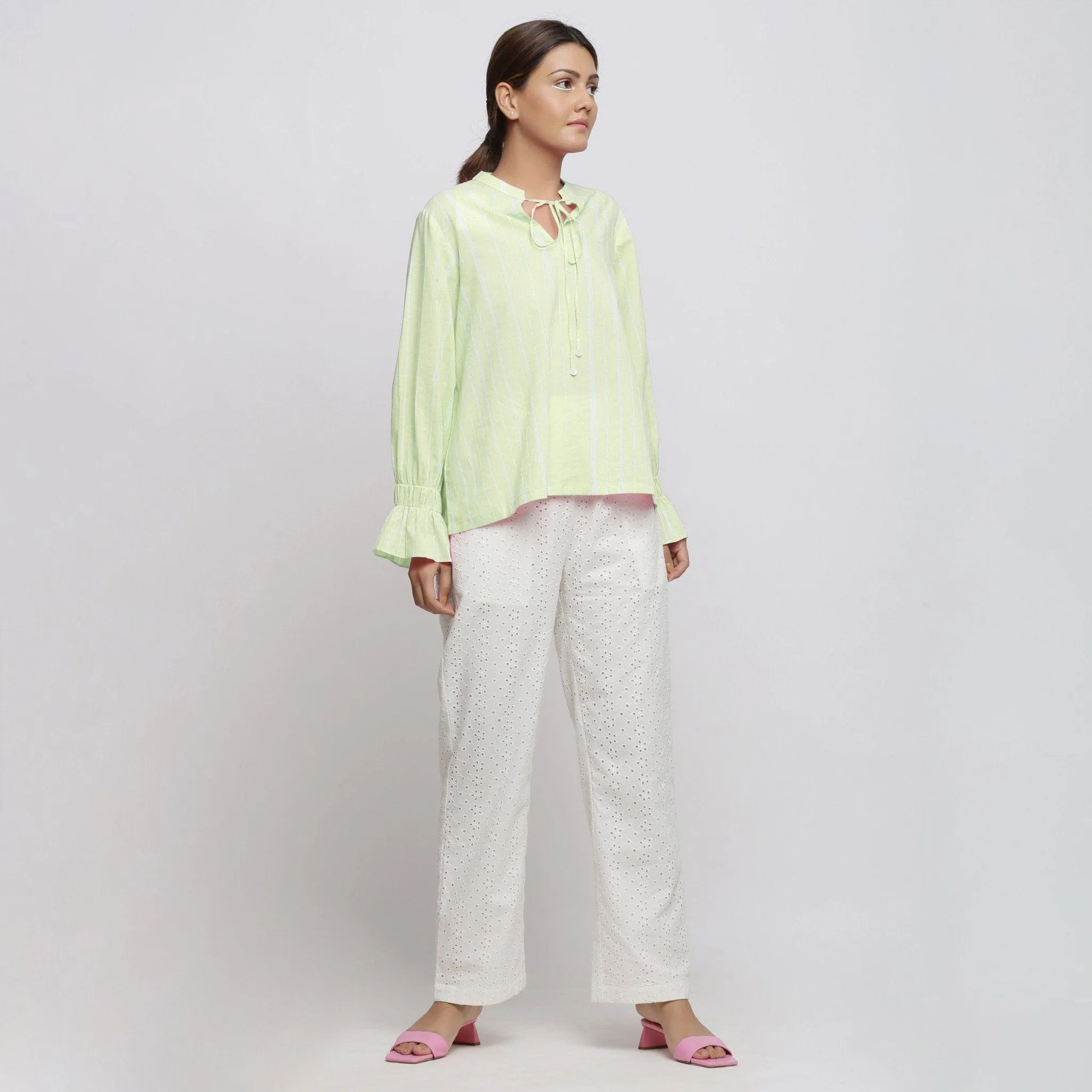 Green Hand Tie-Dye Cotton Mandarin Collar Blouson Top