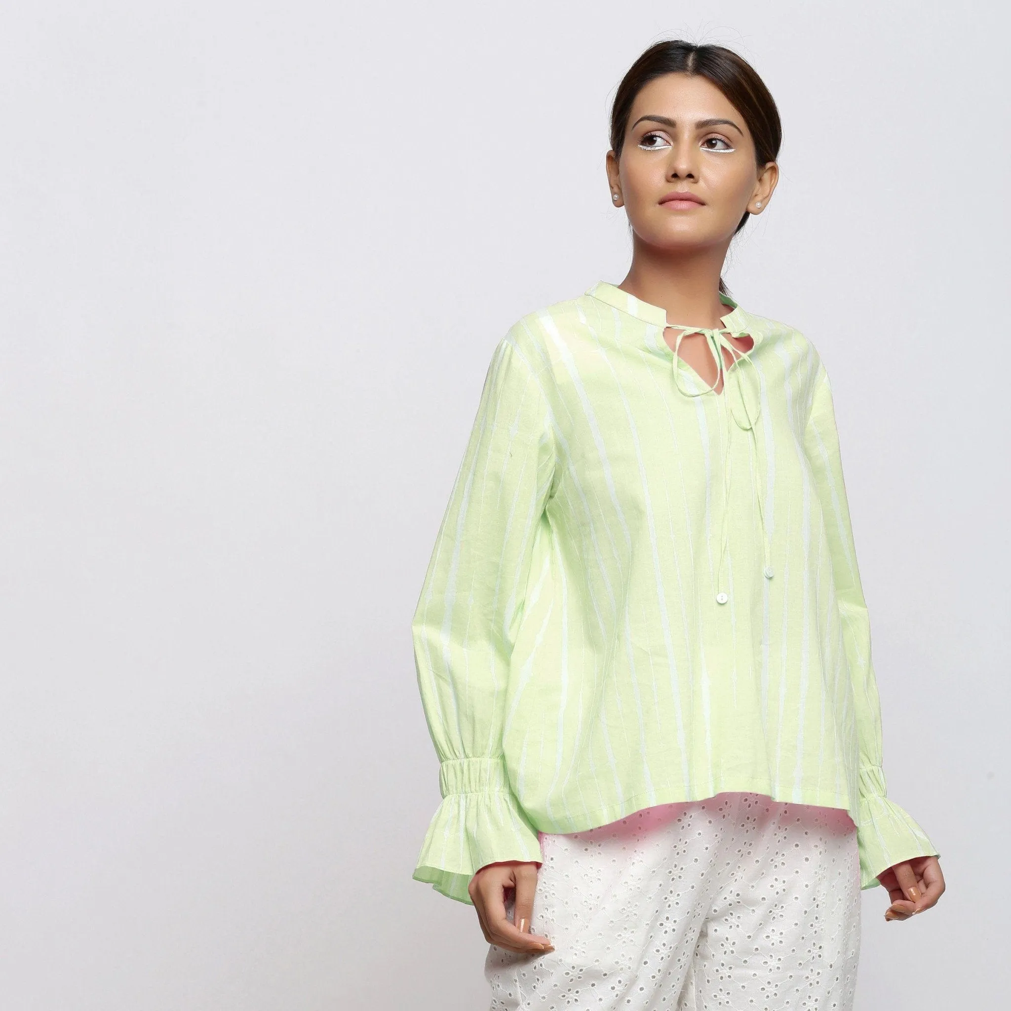 Green Hand Tie-Dye Cotton Mandarin Collar Blouson Top