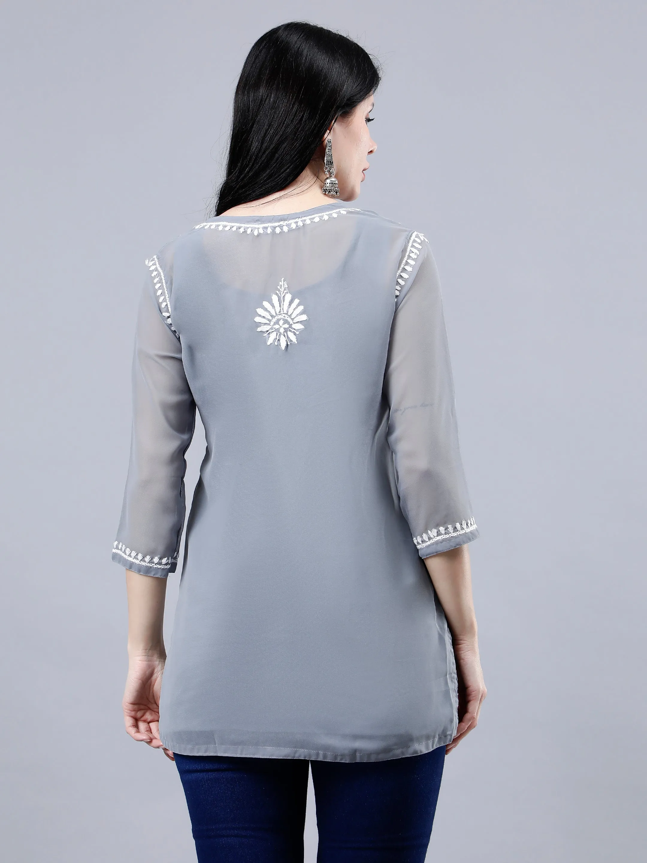 Grey Georgette Chikankari Short Tunic with Inner Slip